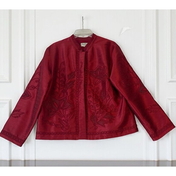 Norm Thompson Size L Embroidered  Floral Red Jacket Blouse Asian  Style - Picture 1 of 11